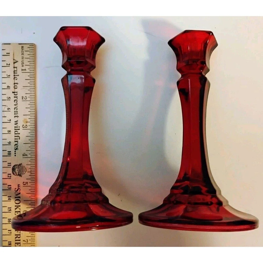 Vintage Indiana Glass Ruby Red Candlesticks for taper candles 6 Inches Tall